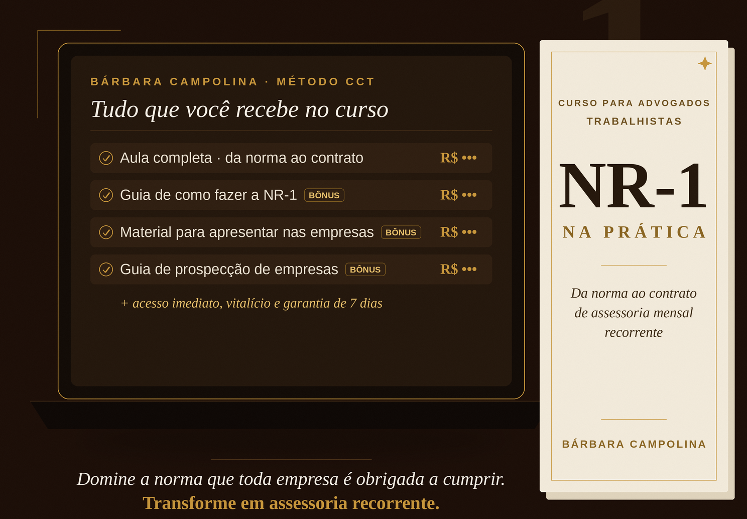 Mockup do curso NR-1 na Prática: tudo que você recebe no curso e capa do material